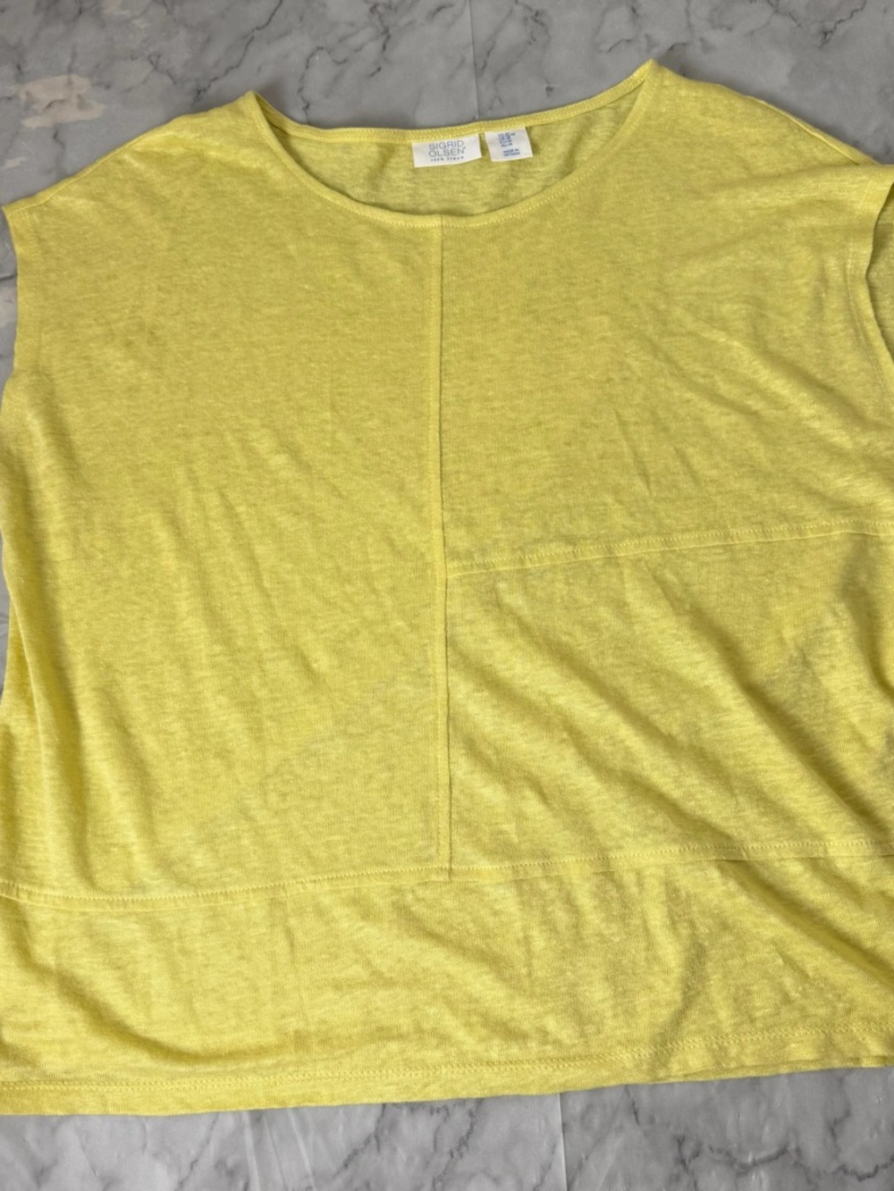 100% Linen Top Chartreuse Yellow Blouse Cap Sleeve Lightweight M Summer Boxy - Picture 3 of 10